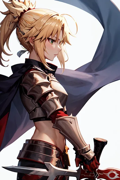 <lora:MordredV1>,  mordred \(fate\),  armor, midriff, breastplate, pauldrons, cape, from side,, holding sword