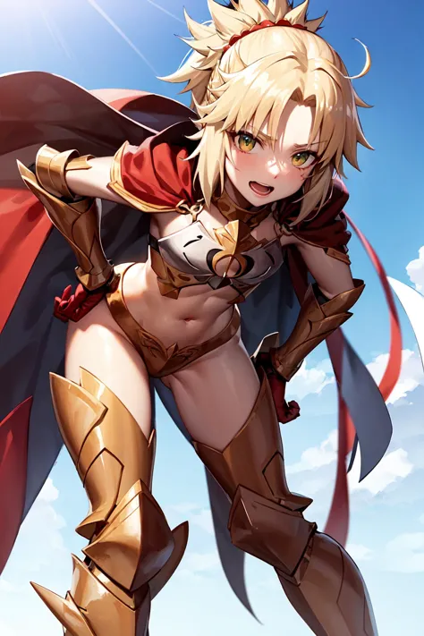 <lora:MordredV1>,  mordred \(fate\),  armor, midriff, navel breastplate, pauldrons, cape, from below, hands on hips, (leaning fo...