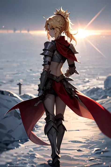 <lora:MordredV1>,  mordred \(fate\),  armor, midriff, breastplate, pauldrons, cape, solo, walking, (looking over shoulder, looki...