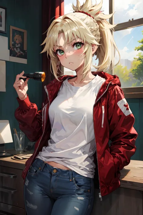 masterpiece,best quality,1girl,chibi,mordred \(fate\),ponytail,green eyes,braid,light frown,red jacket,white shirt,jeans,leaning...