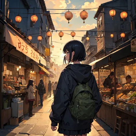 masterpiece anime artwork in style of makoto shinkai. a girl with black half updo hair in unzipped parka and sporty shorts, walk...