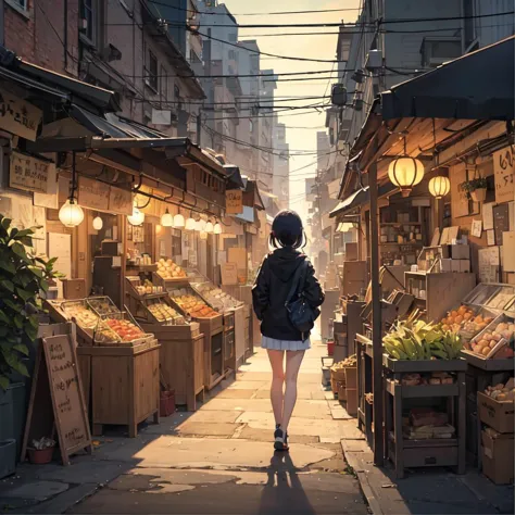 Masterpiece anime artwork in style of Makoto Shinkai. A girl with black half updo hair in unzipped parka and sporty shorts, walking down an alleyway filled with market stalls and stores. The setting sun faintly illuminated the alley with its rays and therefore the lanterns were already lit, creating a cozy and warm atmosphere.