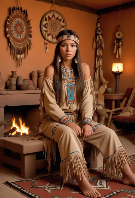 ((fashion photography)), perfect face, perfect eyes, (medium full shot) of  (celestial young woman from the hopi tribe), busty, ...