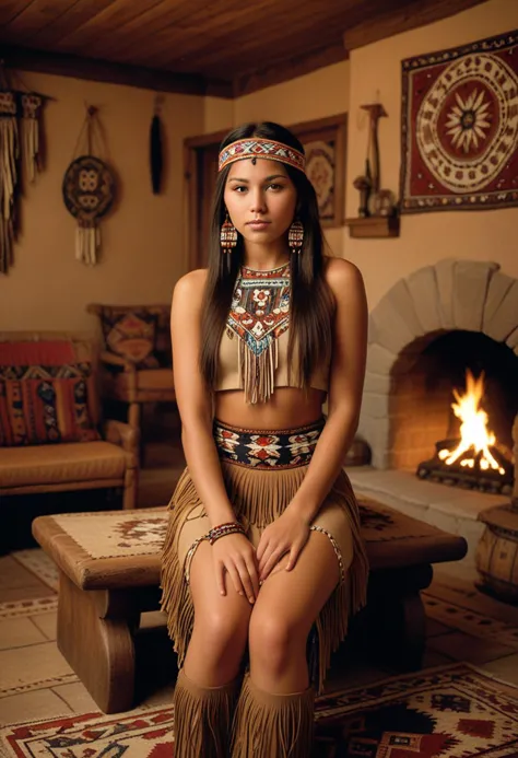 ((fashion photography)), perfect face, perfect eyes, (medium full shot) of  (resplendent young woman from the cherokee tribe), s...