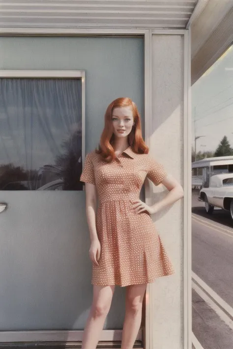 analog photo of SiofraCipher wearing a retro 1960s dress, outside the Ramada Inn motel, by SixtiesRamada <lora:SixtiesRamada:0.9...