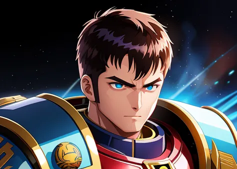 (80s anime style), A highly detailed upper body portrait of a warhammer 40k space marine, face,  wearing Indigo  power-armor, large shoulder-plates,  chainsword weapon, energy shield, tabard,  battle-rage, firing weapon,  crusade badges,  insignias, veteran,  particle effects, planetfall in background, grim-dark atmosphere, BREAK
anime, intricate, sharp focus, illustration, highly detailed, digital painting, clean artstyle, concept art, matte, highly detail eyes, highly detail mouth, highly detailed face, perfect eyes, both eyes are the same, true light, glare, Iridescent, Global illumination, real hair movement,