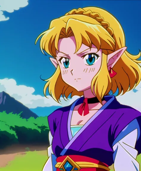 (80s anime style), Zelda\(princess\), the legend of Zelda, short hair, blonde hair, green eyes, anime screenshot, anime, choker, earring, outdoors, wearing print kimono, (arms crossed), digital painting, clean artstyle, intricate details, masterpiece, best quality,