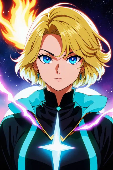 (80s anime style), A highly detailed portrait of a solo androgynous magical girl, flat chest, short hair, fantasy, black mage, black robe, town in flames background,anime, intricate, sharp focus, illustration, highly detailed, digital painting, clean artstyle, concept art, matte, highly detail eyes, highly detail mouth, highly detailed face, perfect eyes, both eyes are the same, true light, glare, Iridescent, Global illumination, real hair movement,