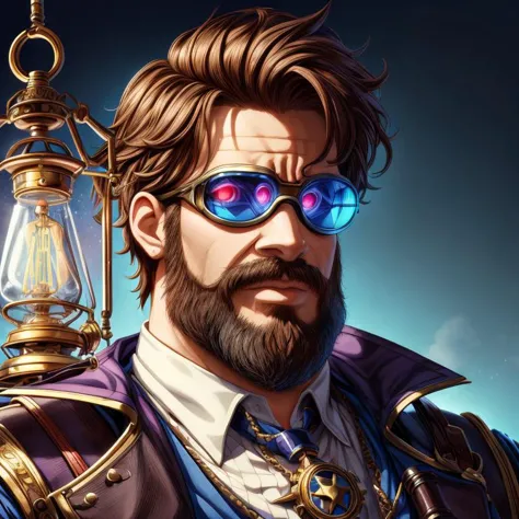 gregnobodysd15, male:1.2, portrait, looking at viewer, solo, upper body, detailed background, detailed face, (<lyco:SteamPunkBundleV3:0.5>, GasLampFantasyAI theme :1.1), medieval alchemist, goggles, alchemy laboratory in background, alchemical implements,    beakers, potion, gunpowder, electricity, [lead fluorescent liquid,    forbidden science, magical fantasy atmosphere, metaphysics, shadows,<lora:more_details:1> (masterpiece, best quality, high quality, highres, ultra-detailed) <lora:BG2_dpep4+silicon29dim64:0.3>  <lora:Elixir:1> (80s anime style),, (close portrait:1.3),(Masculine:1.4),attractive,handsome,calendar pose,perfectly detailed eyes,studio lighting,thematic background