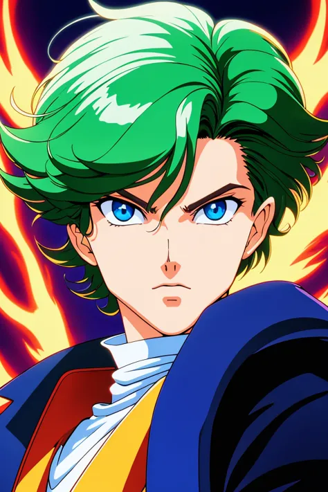 a close up of a person with green hair and blue eyes