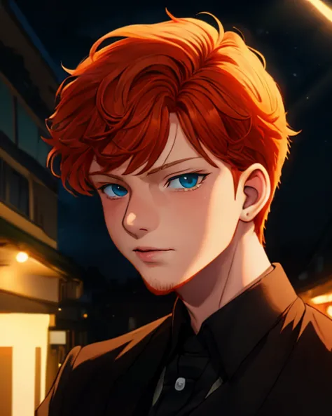 (80s anime style) (<lora:dg_Finn:1> dg_Finn, ginger facial stubble, 18yo)  <lora:Gloomifier_V2_TheGlow:0.61>, masculine colors, (Anime artwork :1.3), Anime style, key visual, vibrant, studio anime, highly detailed, cinematic lighting, (large format photography:1.3), upper body view, (masterpiece, best quality, absurdres, detailed, ultra-detailed:1.3)