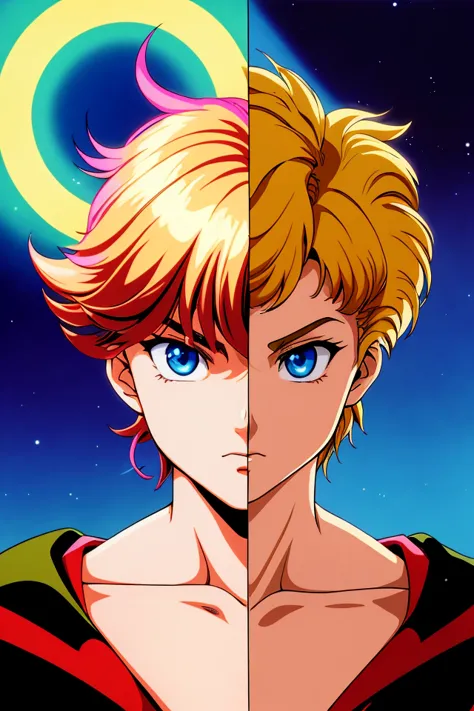 (80s anime style), A highly detailed portrait of a solo androgynous:1.1 adult magical girl, flat chest, short hair, high fantasy, town in flames background,anime, intricate, sharp focus, illustration, highly detailed, digital painting, clean artstyle, concept art, matte, highly detail eyes, highly detail mouth, highly detailed face, perfect eyes, both eyes are the same, true light, glare, Iridescent, Global illumination, real hair movement,  GS-Boyish