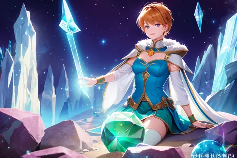 (80s anime style), A highly detailed illustration of a solo androgynous:1.2 adult magical girl with short hair and MidnightBlue eyes, flat chest, BREAK
detailed background, detailed face, (high fantasy medieval theme:1.1), crystal mage, levitating, sitting, earth themed clothes,  rocks floating in the air, glowing magical minerals, surrounded by green  crystals,  rock formations, stalagmites, crystalline pattern, magical floating particles, crystal glass, crystal dust, 0.5::crystal sphere, crystal canyon background,  intense cinematic ethereal atmosphere, backlighting,  
BREAK, anime, intricate, sharp focus, illustration,