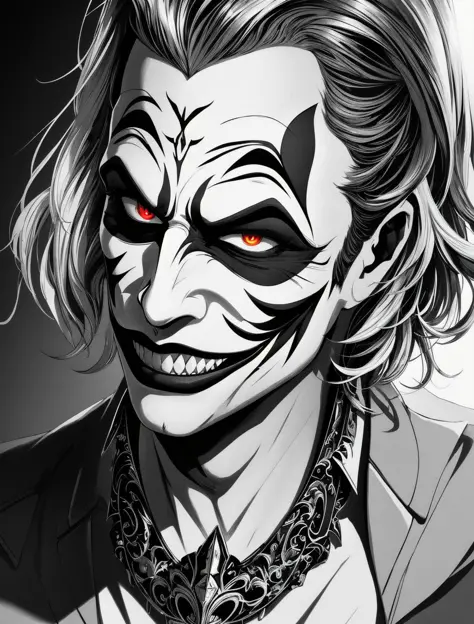 a king joker, half face robotic, realistic, smok, large shot::75 panoramic ::75 atmospheric ::22 intricate fine ornemental::80 c...