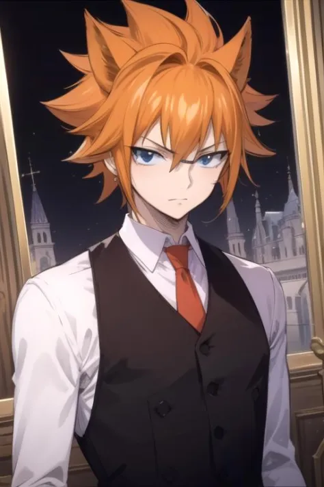 masterpiece, best quality, , 1boy, solo, male focus, looking at viewer, upper body, , ligne claire, , <lora:loki_fairy_tail:0.74>, loki_fairy_tail, orange hair, black eyes, , spiked hair, , fairytale,