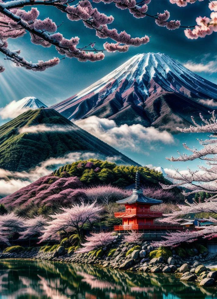 RAW photo of a Red Mt.fuji, ((solo)), (Fushimi Inari Taisha's Thousand Torii Gates in Kyoto), small details, (photorealistic:1.4), ultra-realistic photo, 8k uhd, dslr, high quality, film grain, Fujifilm XT3, (masterpiece),   official art, RAW photo of a landscape, insanely detailed, hyper realistic, (photorealistic:1.4), ultra-realistic photo, 8k uhd, dslr, high quality, film grain, Fujifilm XT3, (masterpiece), Mt.fuji, (solo:1.5), (sun atop the summit:1.1), (snow-capped mountain:1.4), lush green mountain slope, clouds billowing over the mountain slopes, (a lot of cherry blossom:1.4), deep forests, several lakes, (mist drifting over the lake:1.2), midday, milky way, twinkling stars, Deep Focus, 