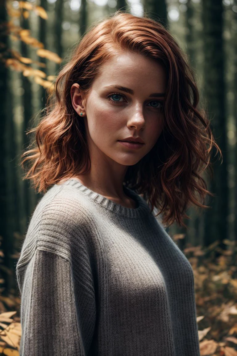 RAW photo of Muirgheal MacCarrick with sweater, red hair, Photorealistic, Hyperrealistic, Hyperdetailed, low cut, detailed skin, soft lighting, subsurface scattering, realistic, heavy shadow, masterpiece, best quality, ultra realistic, 8k, golden ratio, Intricate, High Detail, film photography, soft focus 