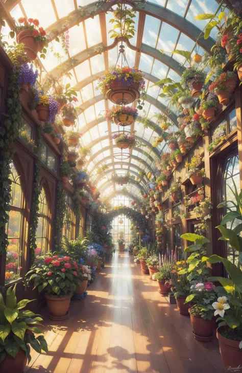 a digital painting of a luxurious and colorful greenhouse filled with exotic plants and flowers, with natural light flowing thro...