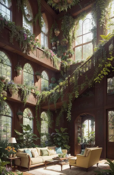 A photo-realistic rendering of a spacious living room with an abundance of greenery, including hanging plants and a vertical garden wall. (Botanical:1.5), (Photorealistic:1.3), (Highly detailed:1.2), (Natural light:1.2), art inspired by Architectural Digest, Vogue Living, and Elle Decor