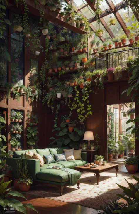 A photo-realistic rendering of a spacious living room with an abundance of greenery, including hanging plants and a vertical garden wall. (Botanical:1.5), (Photorealistic:1.3), (Highly detailed:1.2), (Natural light:1.2), art inspired by Architectural Digest, Vogue Living, and Elle Decor
 <lora:epiNoiseoffset_v2:1>