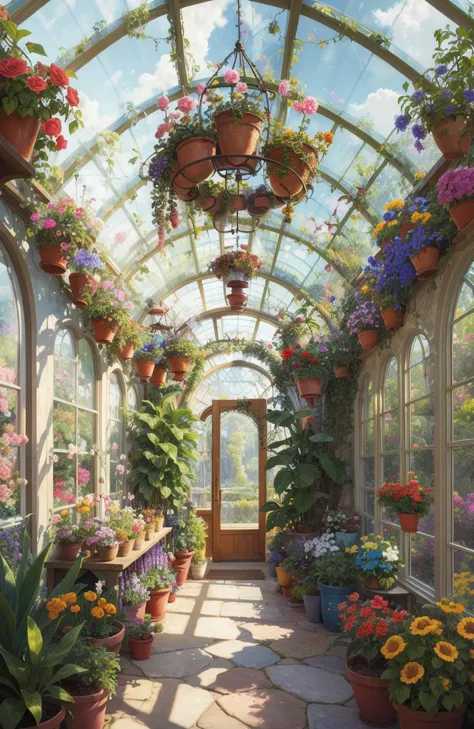 a digital painting of a luxurious and colorful greenhouse filled with exotic plants and flowers, with natural light flowing thro...