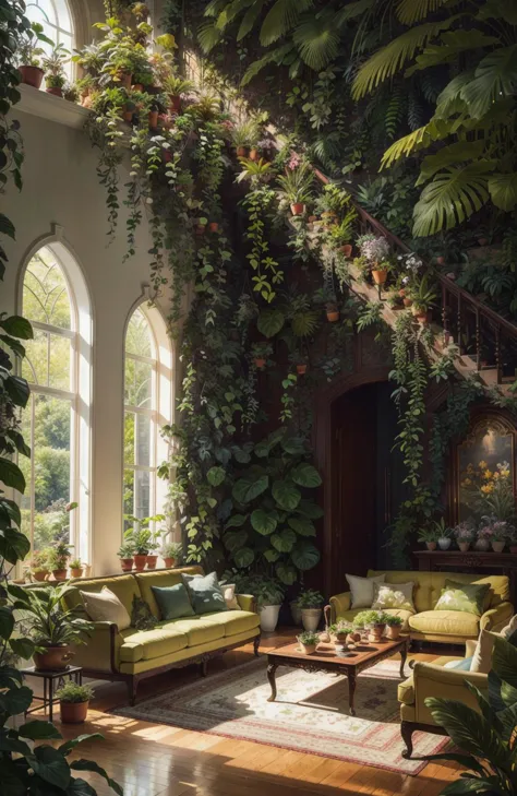 A photo-realistic rendering of a spacious living room with an abundance of greenery, including hanging plants and a vertical garden wall. (Botanical:1.5), (Photorealistic:1.3), (Highly detailed:1.2), (Natural light:1.2), art inspired by Architectural Digest, Vogue Living, and Elle Decor
 <lora:epiNoiseoffset_v2:1>