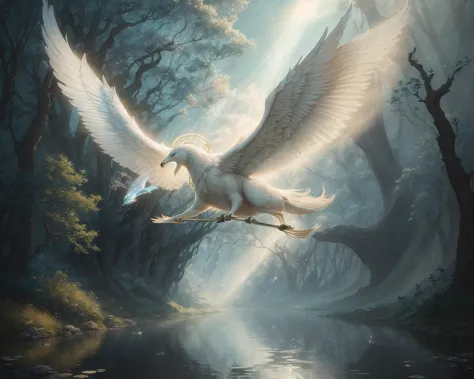 (a mystical animal soaring over a peaceful river, surrounded by a halo of soft light:1.3), (muted colors:1.2), (subtle:1.3), (ha...