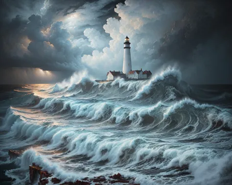 An ultra-detailed oil painting of a lighthouse surrounded by raging waves and stormy skies. (dramatic:1.4), (hyper-realistic), (highly detailed:1.5), (intricate details:1.2), (palette knife:1.2), (by Greg Manchess), (HDR:1.3), (intense:1.1), (cinematic lighting:1.3), (trending on CGsociety), (surreal:1.2), (high contrast:1.3), (oil painting texture:1.5), (dramatic shadows:1.2)