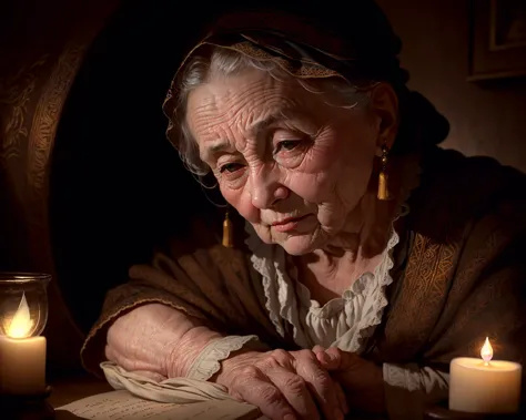 the wise old woman, wrinkled face and peaceful gaze, in a dimly lit room, surrounded by candles and books, reflecting on her pas...