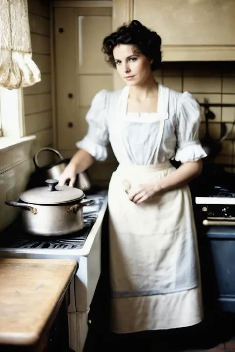 analog film photo portrait of a young woman in an early 1900s kitchen, (nostalgic:1.2), ('vintage atmosphere':1.4), ('sepia tone...