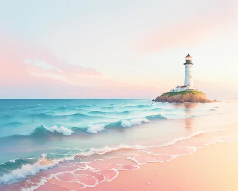 A digital painting of a tranquil sea with a lighthouse in the distance, surrounded by a pink and orange sky. (dramatic:1.2), (calm:1.1), (photorealistic), (soft brush strokes:1.3), (fine details:1.1), (watercolor:1.2), (trending on ArtStation), (by Makoto Shinkai and Conrad Roset), (depth of field:1.3), (crisp:1.2), (pastel colors:1.4), (vivid:1.1)