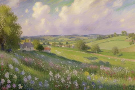 an oil painting of a picturesque countryside landscape, featuring rolling hills, blooming flowers, and a rainbow in the distance...