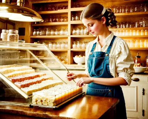 a scene in an old-fashioned candy store filled with jars of colorful sweets, a vintage cash register, and a display of nostalgic...