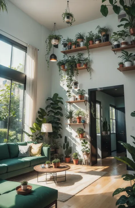 A hyper-realistic 3D rendering of a spacious and modern living room with a floor-to-ceiling green wall, featuring a mix of hanging plants, potted plants, and climbing vines. (Contemporary:1.3), (Highly detailed:1.2), (Natural light:1.2), (Botanical:1.4), art inspired by Livingetc, Elle Decor, and Architectural Digest
 <lora:epiNoiseoffset_v2:1>