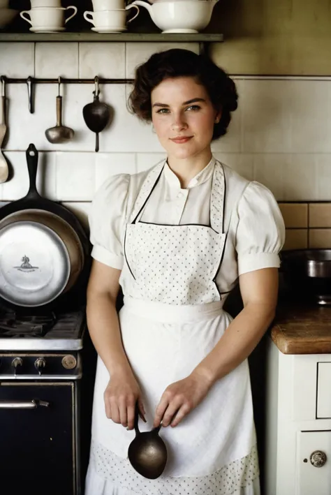 analog film photo portrait of a young woman in an early 1900s kitchen, (nostalgic:1.2), ('vintage atmosphere':1.4), ('sepia tone...