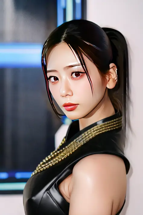 best quality,masterpiece,realistic,1girl,solo,looking at viewer, portrait, 
detailed face,
cyberpunk, outdoors,
black hair, high...