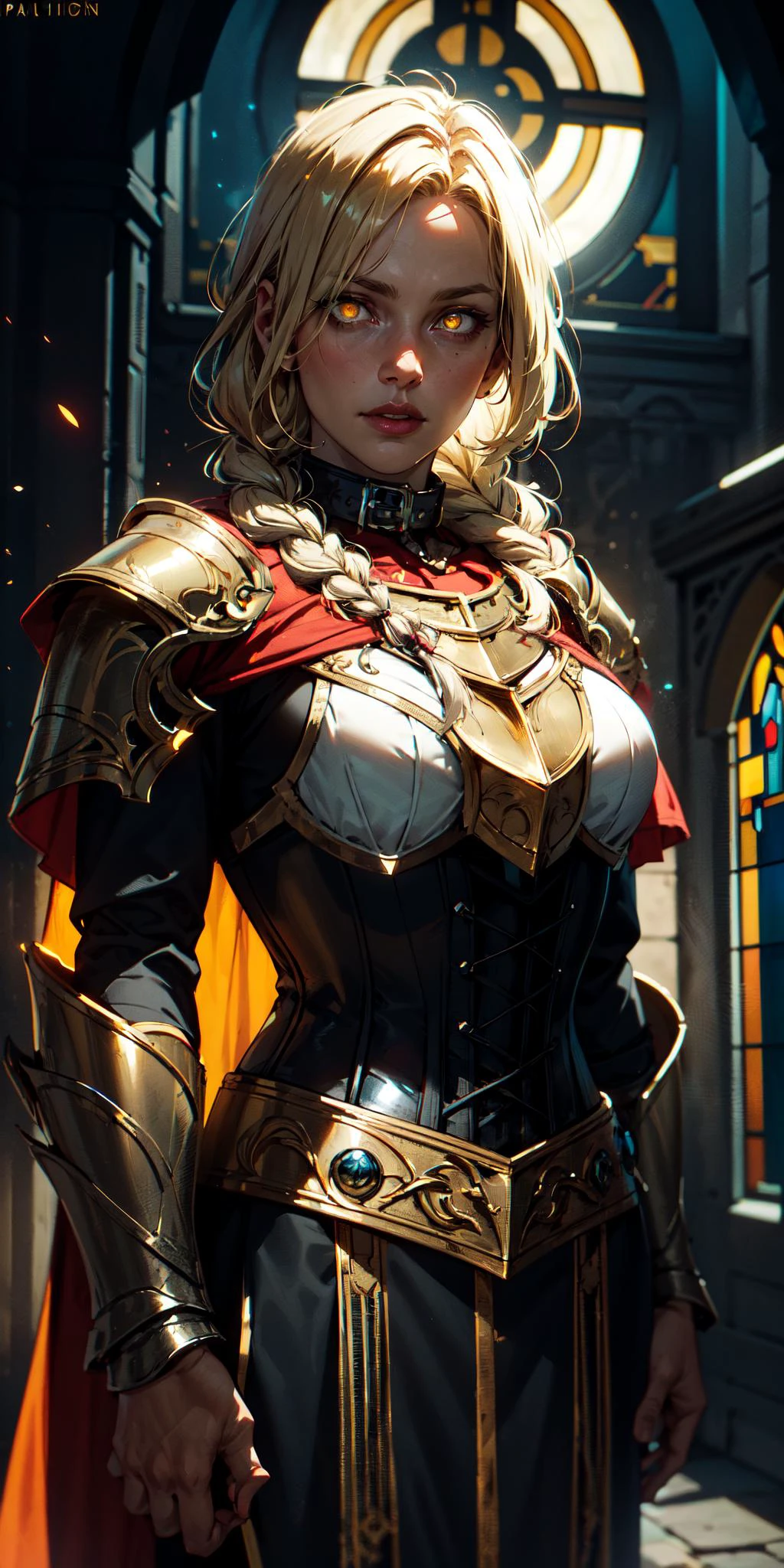upper body of paladin lady in ornate golden armor, black collar, pauldrons, breastplate, corset, glowing halo, single braid, blonde, yellow glowing eyes, bright pupils, eye focus, red cape, temple indoors, stained glass windows, night, moonlight, particles, light beam, chromatic aberration