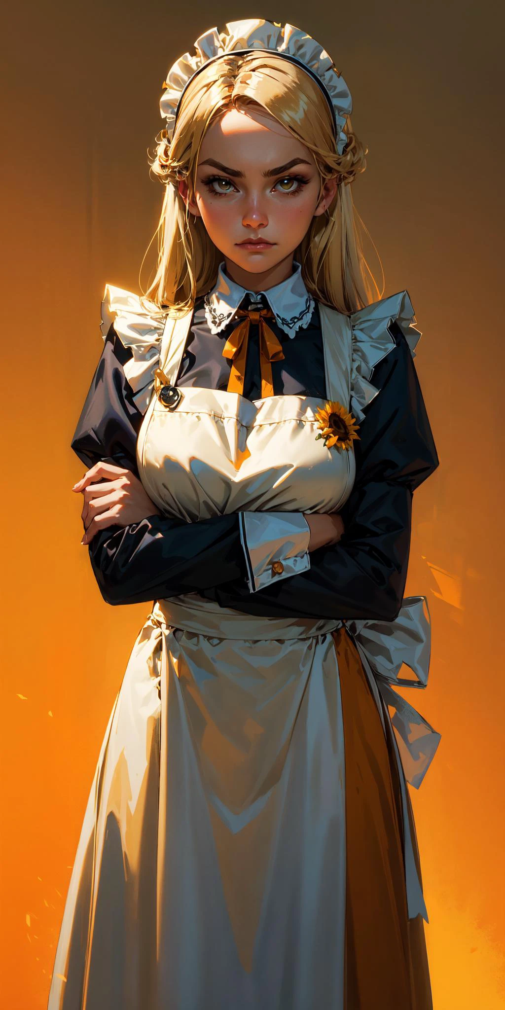 1girl, apron, blonde hair, bow, breast hold, breasts, brooch, closed mouth, crossed arms, dress, dusk, enmaided, evening, frown, ginkgo leaf, gradient, gradient background, long hair, long sleeves, looking at viewer, maid, maid apron, maid headdress, medium breasts, orange background, orange sky, orange theme, ribbon, solo, sunflower, sunset, v-shaped eyebrows, white apron, yellow background, yellow sky, yellow theme