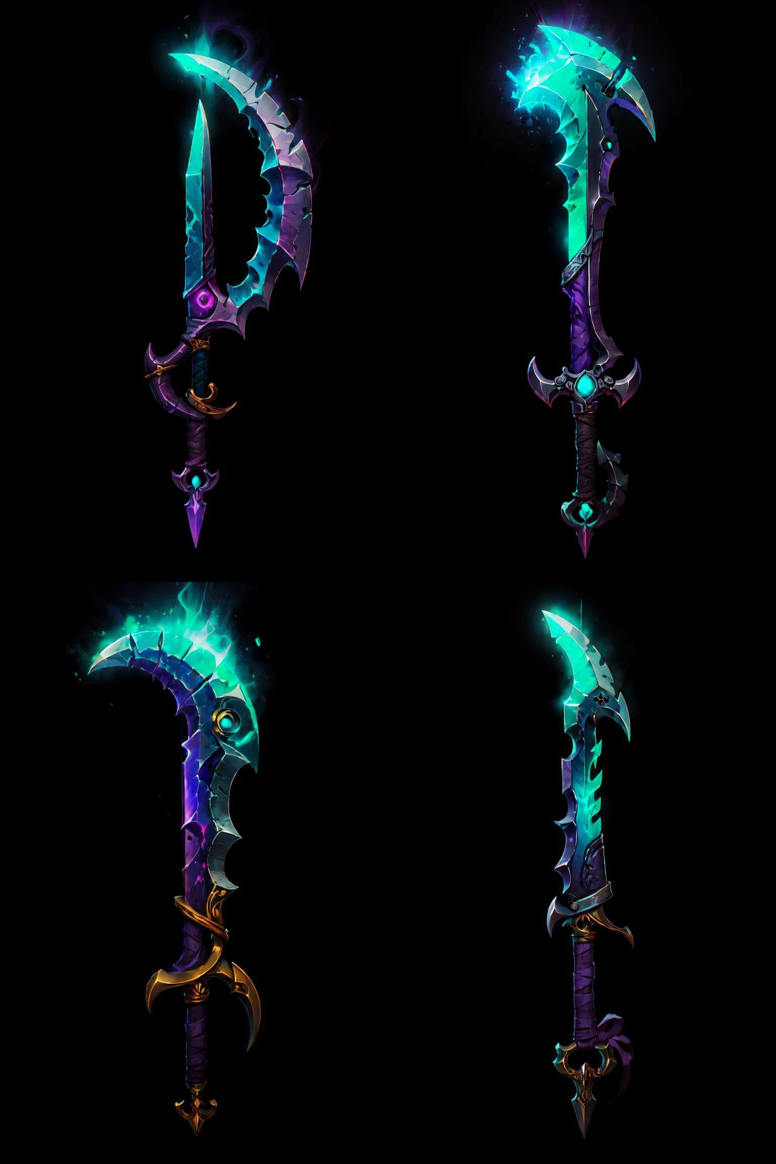 A set of four different weapons with glowing green and purple lights ...