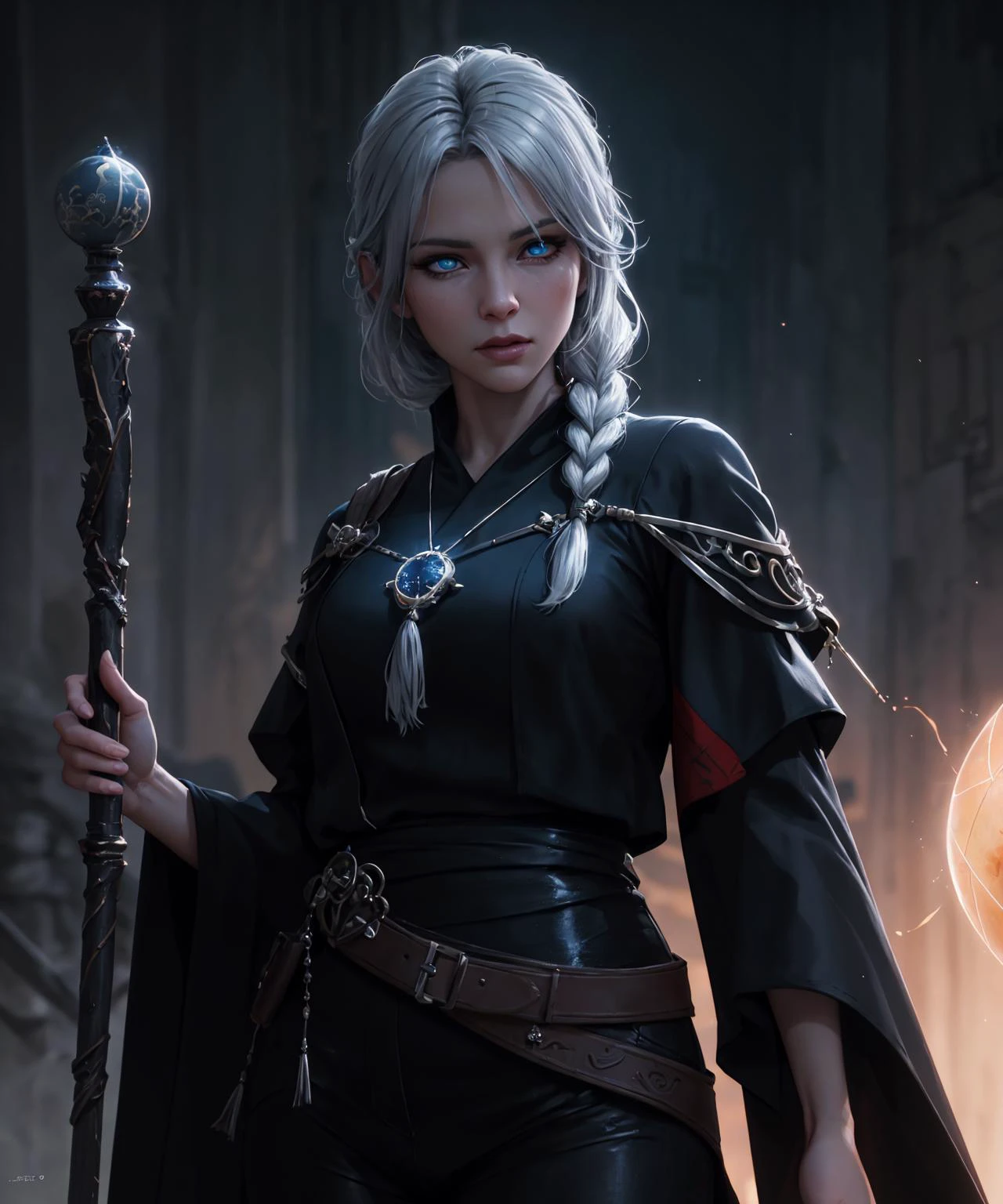 fantasy setting, sharp focus, high quality photo of beautiful nordic mature woman,magician , wearing black clothes with silver tracery, white single braid hair, confident look, rising ((magic staff with shining sphere atop)), glowing runes flying around, jewelry, detailed eyes, low body-fat, cinematic lighting, highly detailed, (matching eyes:1.2), fully body photo, epic pose, night sky background, art by charlie bowater, (Extremely Detailed Oil Painting:1.2), glow effects, godrays, Hand drawn, render, 8k, octane render, cinema 4d, blender, dark, atmospheric 4k ultra detailed, cinematic sensual, Sharp focus, humorous illustration, big depth of field, Masterpiece, colors, 3d octane render, 4k, concept art, trending on artstation, hyperrealistic, Vivid colors, extremely detailed CG unity 8k wallpaper, trending on ArtStation, trending on CGSociety, Intricate, High Detail, dramatic