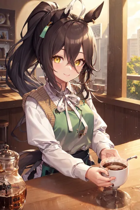 anime girl with a cup of coffee in her hand