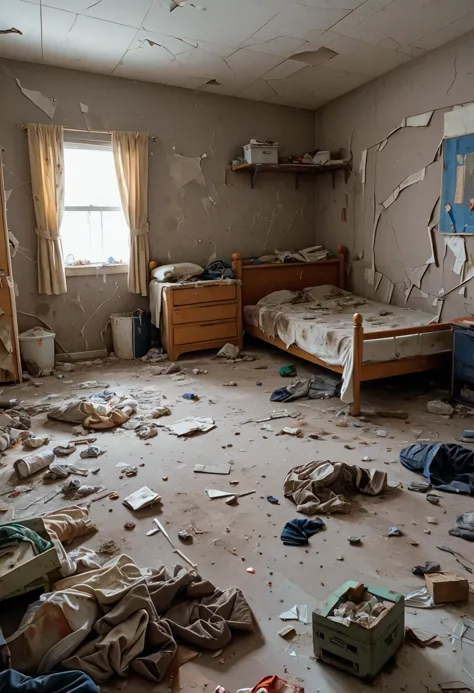 very complex scene,bedroom,the rubbish all over the ground,very dirty,there's rubbish everywhere,broken bed,broken cabinet,