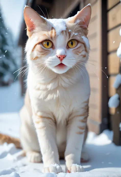 no humans,animal focus,cat,animal,snow,outdoors,blurry,blurry background,yellow eyes,