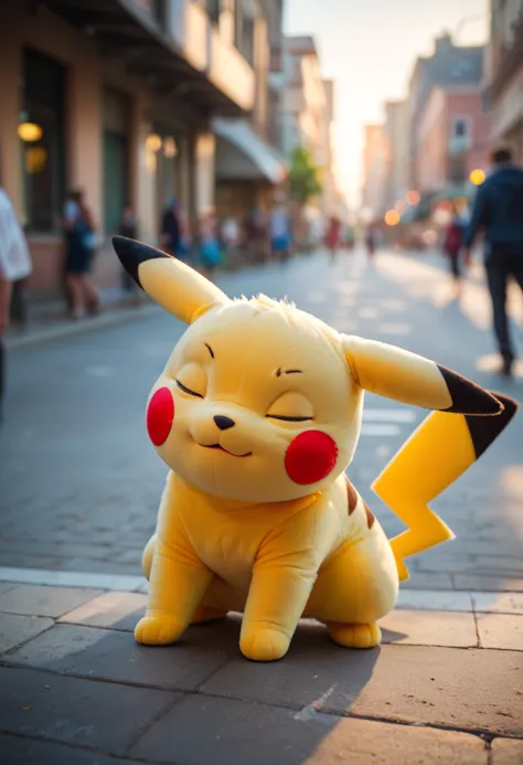 pikachu,
outstretched arm,squatting,covered face,closed eyes,blurred urban background,fluffy,plush,, score_9,score_8_up,score_7_...