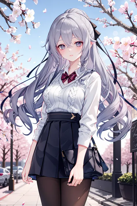 anime girl with long gray hair and a bow tie standing on a sidewalk