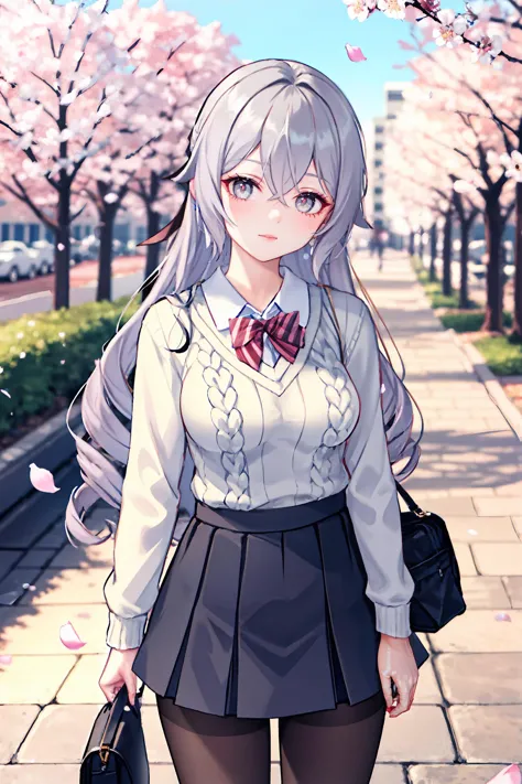 1girl, bronya zaychik, solo, school uniform, white shirt, sweater, pleated skirt, pantyhose, light smile, looking at viewer, outdoors, street, cherry blossoms, petals, depth of field, masterpiece