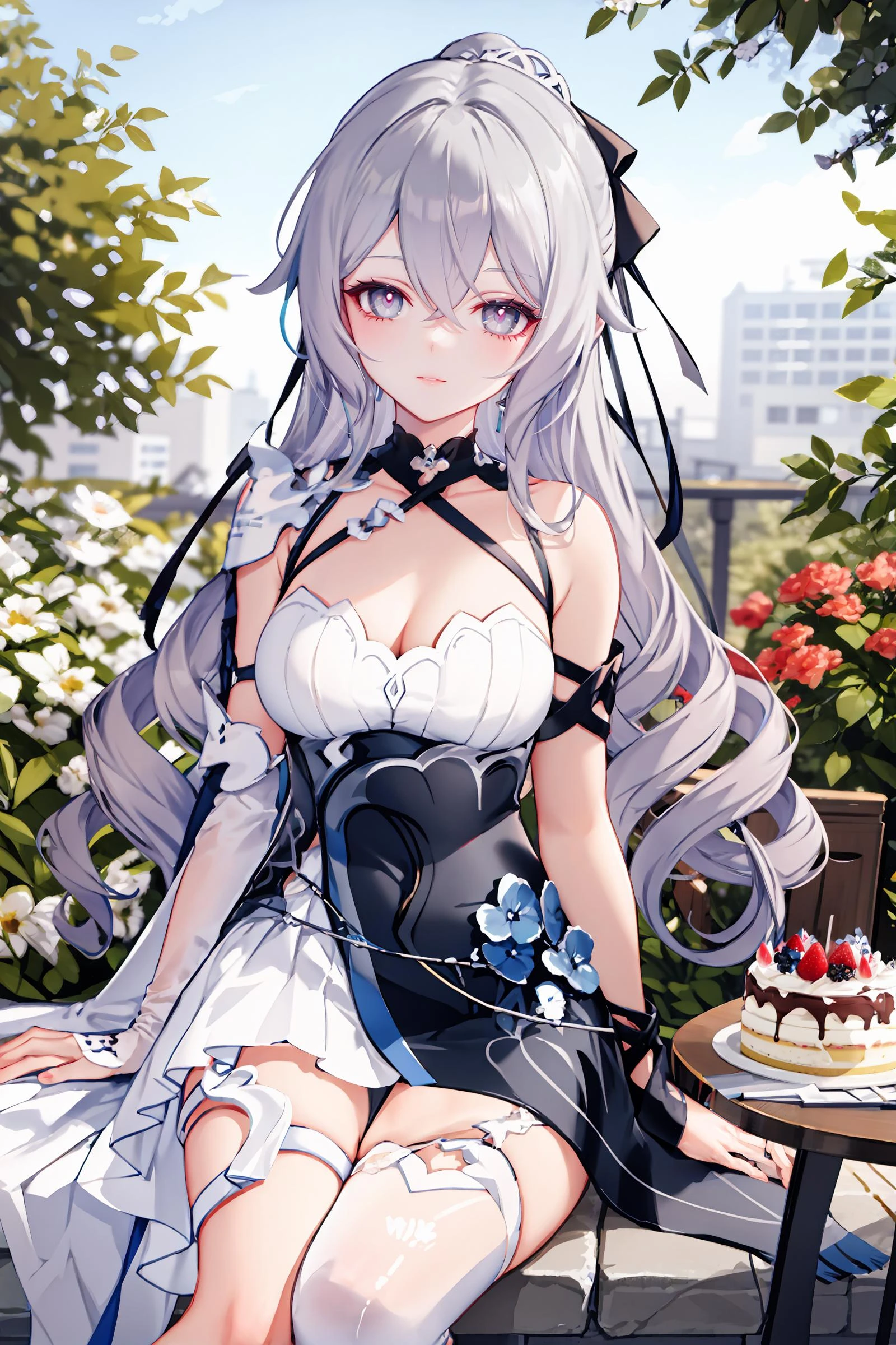 1girl, bronya zaychik \(silverwing: n-ex\), solo, sleeveless dress, single glove, thigh pouch, single sleeve, halterneck, single pauldron, arm strap, single thighhigh, cowboy shot, sitting, looking at viewer, smiling, garden, outdoors, depth of field, table, cake, masterpiece
