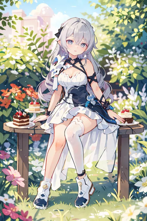 1fille, bronya zaychik \(aile argentée: n-ex\), seulement, Robe sans manches, gant unique, poche de cuisse, manche simple, dos nu, épaulette simple, bottines, sangle de bras, cuissarde simple, tout le corps, Séance, regarder le spectateur, souriant, jardin, En plein air, profondeur de champ, tableau, gâteau, chef-d&#39;œuvre