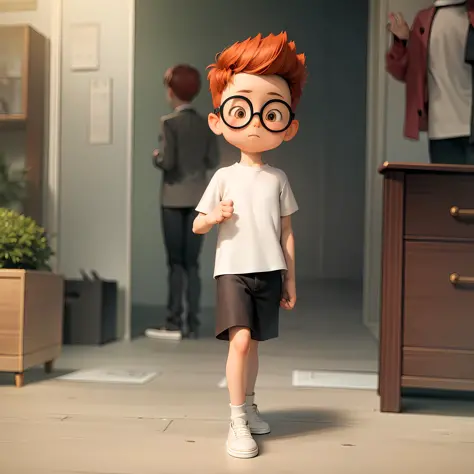 ((masterpiece, best quality)),(complex light), 1boy, full body, solo,child, sherman,red hair,glasses, <lora:sherman_mr_peabody1-10:0.6>,white shirt, black shorts, walking,