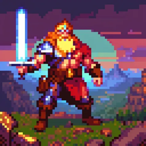 <lora:PixelArtRedmond-Lite64:1> (Pixel Art, PixArFK), middle aged battle worn fighter, long beard, holding a huge glowing magic sword, landscape in background